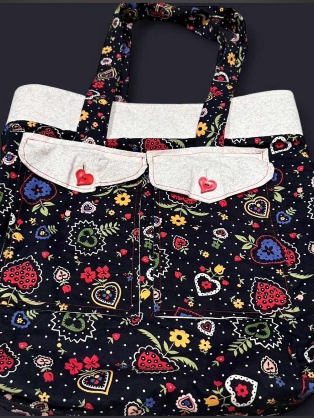 Source Unknown Black Floral Heart Print Tote with Cream Accents